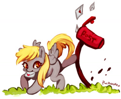 Size: 1280x1042 | Tagged: safe, artist:purochen, derpy hooves, pegasus, pony, bucking, cute, derpabetes, female, mailbox, mare, mouth hold, smiling, solo