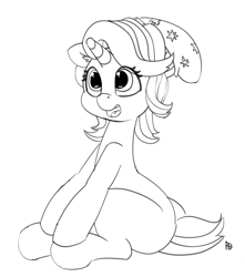 Size: 1280x1447 | Tagged: safe, artist:pabbley, starlight glimmer, pony, unicorn, 30 minute art challenge, beanie, black and white, cute, equestria girls outfit, female, glimmerbetes, grayscale, hat, mare, missing cutie mark, monochrome, open mouth, sitting, solo