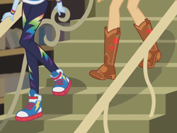 Size: 2048x1536 | Tagged: safe, derpibooru import, screencap, applejack, rainbow dash, better together, equestria girls, fluttershy's butterflies, boots, clothes, converse, cowboy boots, legs, pictures of legs, shoes, sneakers, stairs