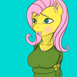 Size: 500x500 | Tagged: safe, artist:madara, fluttershy, anthro, blushing, breasts, female, hootershy, solo