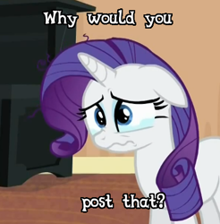 Size: 394x401 | Tagged: safe, rarity, pony, unicorn, rarity takes manehattan, crying, faic, image macro, reaction image, solo, why would you post that