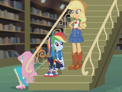 Size: 2048x1536 | Tagged: safe, derpibooru import, screencap, applejack, fluttershy, rainbow dash, butterfly, better together, equestria girls, fluttershy's butterflies, fluttershy's butterflies: applejack, boots, bracelet, clothes, converse, cowboy boots, geode of super speed, geode of super strength, hands on hip, jewelry, library, magical geodes, sandals, shoes, sneakers, stairs, standing up, wristband