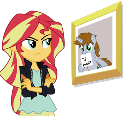 Size: 1093x1024 | Tagged: safe, sunset shimmer, oc, oc:littlepip, pony, unicorn, equestria girls, my past is not today, faget, faggot, fanfic, fanfic art, female, frame, horn, mare, meme, op is a cuck, op is trying to start shit, simple background, slur, solo, sunset's picture frame, text, transparent background, ur a faget, vector, vulgar
