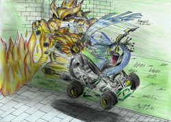 Size: 2320x1654 | Tagged: safe, artist:3500joel, queen chrysalis, changeling, changeling queen, pony, bowser, brick wall, butt fire, fire, go kart, grass, mario kart, scared, smoke, traditional art, wide eyes