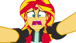 Size: 2649x1490 | Tagged: safe, artist:jongoji245, sunset shimmer, equestria girls, friendship games, clothes, jacket, leather jacket, open mouth, simple background, solo, tongue out, transparent background, vector