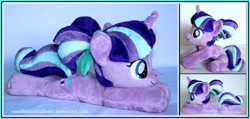 Size: 1024x488 | Tagged: safe, artist:oneofakindplush, starlight glimmer, pony, unicorn, beanie (plushie), female, filly, irl, photo, pigtails, plushie, ribbon, smiling, solo