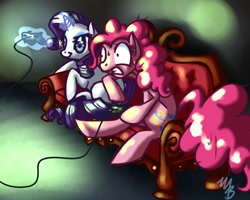 Size: 1280x1024 | Tagged: safe, artist:rastaquouere69, pinkie pie, rarity, earth pony, pony, unicorn, female, gamer pinkie, gamer rarity, lesbian, raripie, shipping, video game