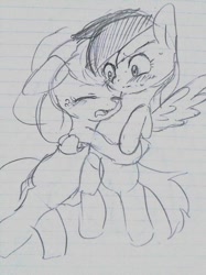 Size: 500x667 | Tagged: safe, artist:yajima, derpibooru import, applejack, rainbow dash, earth pony, pegasus, pony, appledash, explicit source, female, grayscale, hug, lesbian, lined paper, monochrome, shipping, traditional art