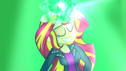 Size: 1024x576 | Tagged: safe, artist:wubcakeva, part of a series, part of a set, sunset shimmer, equestria girls, big crown thingy, crown, eyes closed, grin, jewelry, regalia, scene interpretation, smiling, solo, wubcakeva's sunset story