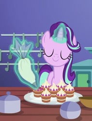 Size: 476x627 | Tagged: safe, screencap, starlight glimmer, pony, unicorn, all bottled up, cake, cropped, food, icing bag, solo, teacakes