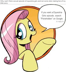 Size: 421x457 | Tagged: safe, fluttershy, pegasus, pony, bad advice fluttershy, blue eyes, dialogue, exploitable meme, female, mare, meme, open mouth, pink mane, raised hoof, raised leg, simple background, smiling, solo, speech bubble, talking to viewer, underhoof, yellow coat