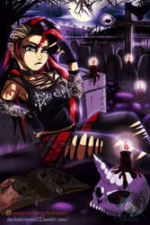 Size: 1280x1920 | Tagged: safe, artist:darkmirroremo23, sunset shimmer, crow, equestria girls, alternative cutie mark placement, bracelet, breasts, candle, clothes, crescent moon, cross, ear piercing, emo, female, fire, gothic, graveyard, halloween, holiday, jewelry, midriff, moon, pantyhose, piercing, pleated skirt, sitting, skirt, skull, solo, spiked wristband, sunset jiggler, tanktop