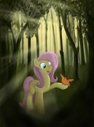 Size: 1000x1346 | Tagged: artist needed, safe, fluttershy, bird, pegasus, pony, cute, forest, singing, solo