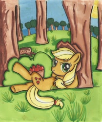 Size: 2001x2392 | Tagged: safe, artist:dracosia, applejack, earth pony, pony, apple, traditional art, tree