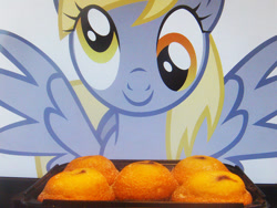 Size: 500x375 | Tagged: safe, derpy hooves, pegasus, pony, blueberry muffin (food), female, mare, muffin, otaku date, solo, waifu, waifu dinner