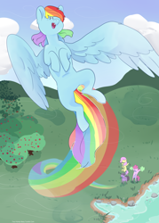 Size: 1024x1434 | Tagged: safe, artist:bits-of-bots, derpibooru import, fluttershy, pinkie pie, rainbow dash, twilight sparkle, alicorn, earth pony, pegasus, pony, dot eyes, flying, hooves to the chest, open mouth, rainbow trail, sky, solo focus, spread wings, wings