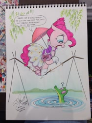 Size: 852x1136 | Tagged: safe, artist:andypriceart, gummy, pinkie pie, earth pony, pony, alternate hairstyle, balancing, clothes, moon pie, parody, stretching portrait, the haunted mansion, traditional art, umbrella