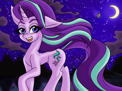 Size: 2000x1500 | Tagged: safe, artist:katkathasahathat, starlight glimmer, pony, unicorn, blushing, female, mare, moon, night, open mouth, solo