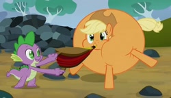 Size: 666x380 | Tagged: safe, screencap, applejack, spike, dragon, earth pony, pony, spike at your service, baby dragon, ball, balloon, bellows, cartoon physics, cowboy hat, cropped, hat, inflation, stetson