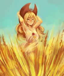 Size: 2064x2427 | Tagged: safe, artist:palchidirenna, applejack, human, apple necklace, clothes, dress, food, hat, humanized, jewelry, necklace, solo, standing, wheat