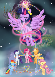 Size: 2496x3510 | Tagged: safe, artist:lucy-tan, derpibooru import, applejack, fluttershy, pinkie pie, rainbow dash, rarity, twilight sparkle, twilight sparkle (alicorn), alicorn, earth pony, pegasus, pony, unicorn, canterlot castle, castle of the royal pony sisters, elements of magic, female, mane six, mare, ponyville