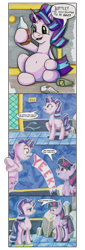 Size: 1500x4400 | Tagged: safe, artist:frenkieart, starlight glimmer, twilight sparkle, twilight sparkle (alicorn), alicorn, pony, unicorn, accident, alcohol, cider, comic, desperation, dialogue, drunk, drunklight glimmer, fear wetting, full bladder, implied pissing, implied wetting, lidded eyes, need to pee, omorashi, potty emergency, potty time, puddle, scared, shrunken pupils, startled, traditional art, twilight's castle, urine