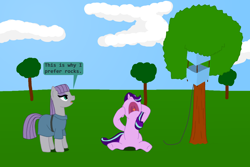 Size: 1152x768 | Tagged: safe, artist:hakar-kerarmor, derpibooru exclusive, maud pie, starlight glimmer, earth pony, pony, unicorn, aaugh!, female, kite, kite-eating tree, mare, nose in the air, peanuts, screaming, tree