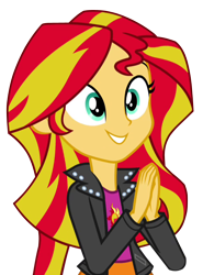 Size: 500x676 | Tagged: safe, artist:stacyhirano34, sunset shimmer, equestria girls, rainbow rocks, clapping, clothes, cute, happy, jacket, leather jacket, shimmerbetes, simple background, skirt, solo, transparent background, vector