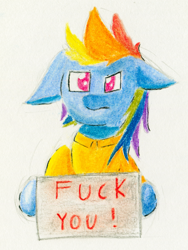 Size: 2000x2663 | Tagged: safe, artist:geljado, derpibooru import, rainbow dash, pegasus, pony, clothes, female, fuck you, holding sign, jumpsuit, pastel, prisoner, prisoner rd, simple background, solo, study, traditional art, vulgar, white background