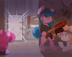 Size: 1000x800 | Tagged: safe, artist:spittfireart, firefly, pinkie pie, surprise, pony, g1, bandage, bipedal, clothes, door, g1 to g4, generation leap, hat, headband, hoodie, nerf, nerf gun, nerf recon, weapon