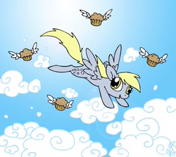 Size: 2403x2144 | Tagged: safe, artist:electric-mongoose, derpy hooves, pegasus, pony, cloud, cloudy, female, flying, mare, muffin, sky, solo, winged muffin, wings