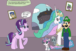 Size: 3143x2123 | Tagged: safe, artist:supahdonarudo, flash sentry, princess celestia, princess flurry heart, silver spoon, spike, starlight glimmer, kaiju, equestria girls, banner, brad, club, crossover, dialogue, godzilla (tristar), godzilla the series, luigi, meta, picture frame, speech bubble, super mario bros., window, zilla