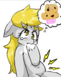 Size: 666x833 | Tagged: safe, artist:misocha, derpy hooves, pegasus, pony, belly button, drool, female, hungry, mare, muffin, pixiv, solo, stomach noise, thinking