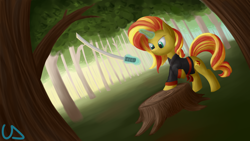 Size: 3840x2160 | Tagged: safe, artist:uber-dragon, sunset shimmer, pony, clothes, forest, jacket, katana, magic, practice, solo, sword, telekinesis, tree stump, weapon