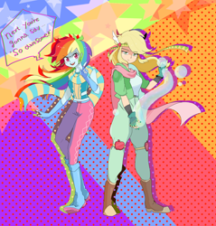 Size: 2430x2540 | Tagged: safe, artist:gyunyu, derpibooru import, applejack, rainbow dash, equestria girls, bubble, caesar zeppeli, crossover, duo, female, jojo's bizarre adventure, joseph joestar, nail polish, parody, pixiv, pony coloring