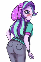 Size: 2362x3543 | Tagged: safe, artist:sumin6301, starlight glimmer, equestria girls, mirror magic, spoiler:eqg specials, ass, beanie, blushing, clothes, female, hat, pants, simple background, solo, watch, white background