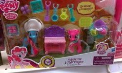 Size: 1023x612 | Tagged: safe, fluttershy, pinkie pie, g4, baking set, box, brushable, dazzle cake, irl, photo, toy, twirly treats