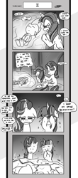 Size: 1451x3300 | Tagged: safe, artist:loreto-arts, spike, starlight glimmer, twilight sparkle, twilight sparkle (alicorn), alicorn, dragon, pony, comic:friendship is innuendo, comic, crying, floppy ears, monochrome