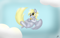 Size: 5203x3332 | Tagged: safe, artist:blue-blazer-pony, derpy hooves, pegasus, pony, female, flying, mare, muffin, solo