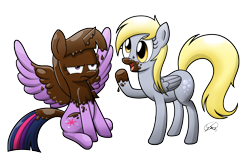 Size: 2962x1900 | Tagged: safe, artist:saymanhd, derpy hooves, twilight sparkle, twilight sparkle (alicorn), alicorn, pony, chocolate, female, mare, unamused