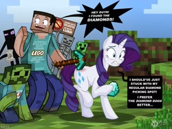 Size: 2113x1582 | Tagged: safe, artist:wolfjedisamuel, rarity, human, pony, unicorn, zombie, bone, crawling, creeper, crossover, cutie mark, dialogue, diamond, diamond pickaxe, enderman, english, female, grass, gritted teeth, holding, hoof hold, left 4 dead, lego, literal butthurt, male, mare, minecraft, mining, ouch, outdoors, pain, paper, pickaxe, raised arm, raised hoof, sign, skeleton, smiling, speech bubble, standing, startled, steve, text, video game, yelling