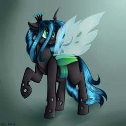 Size: 3000x3000 | Tagged: safe, artist:brilliant-luna, queen chrysalis, changeling, changeling queen, crown, female, high res, jewelry, raised hoof, regalia, solo