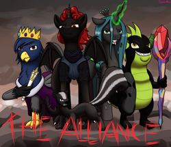 Size: 3869x3320 | Tagged: safe, artist:galacticham, queen chrysalis, oc, oc:abigail the beloved skunk, oc:dragon lord charcoal, oc:king gilbert, oc:prince ecosis, alicorn, changeling, changeling queen, dragon, griffon, skunk, alicorn oc, alliance ecosis, animal, armor, bloodstone scepter, crown, fangs, female, glowing horn, group, horn, jewelry, looking at you, regalia, scepter, tongue out, wings