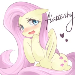 Size: 500x500 | Tagged: safe, artist:shen yi, fluttershy, pegasus, pony, blushing, cute, female, heart, mare, open mouth, pixiv, shyabetes, simple background, solo, white background
