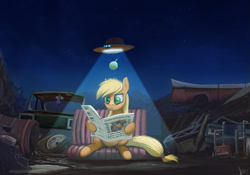 Size: 1745x1221 | Tagged: safe, artist:rublegun, applejack, earth pony, pony, cyrillic, female, junkyard, newspaper, night, paper, reading, russian, sitting, solo, translated in the comments, ufo