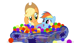 Size: 1264x736 | Tagged: safe, artist:milesprower06, artist:pixelkitties, derpibooru import, applejack, rainbow dash, earth pony, pegasus, pony, ashleigh ball, ball pit, dashcon, female, pun, voice actor joke