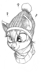 Size: 389x684 | Tagged: safe, artist:derp-my-life, derpy hooves, pegasus, pony, bust, clothes, cute, derp, derpabetes, ear fluff, female, hat, mare, monochrome, nose wrinkle, question mark, scarf, scrunchy face, smiling, snowflake, solo, traditional art, tuque, wavy mouth