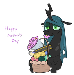 Size: 722x733 | Tagged: safe, artist:jargon scott, edit, editor:dsp2003, queen chrysalis, changeling, changeling queen, awww, comic, crying, cute, cutealis, female, floppy ears, gift basket, mare, mommy chrissy, mother's day, single panel, solo, teary eyes