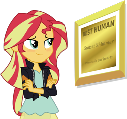 Size: 1093x1024 | Tagged: safe, sunset shimmer, equestria girls, best human, blouse, blushing, clothes, crossed arms, cute, exploitable meme, feminism, heartwarming, inverted mouth, jacket, leather jacket, meme, plaque, shimmerbetes, simple background, smiling, solo, sunset's picture frame, the truth, transparent background, vector