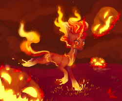 Size: 6000x5000 | Tagged: safe, artist:coconuthound, sunset shimmer, pony, unicorn, absurd resolution, fiery shimmer, fire, halloween, jack-o-lantern, mane of fire, on fire, pumpkin, solo